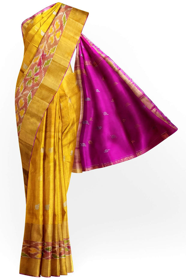 Handwoven Uppada pure silk saree in yellow with Pochampally border.