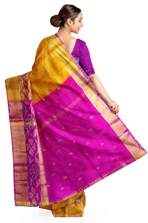 Handwoven Uppada pure silk saree in yellow with Pochampally border.