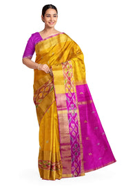 Handwoven Uppada pure silk saree in yellow with Pochampally border.