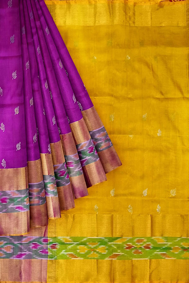 Handwoven Uppada pure silk saree in purple with Pochampally border.