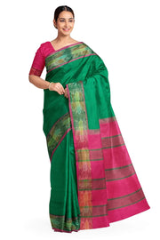 Uppada silk cotton saree in bottle green & pink