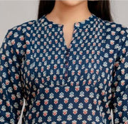 Rayon tunic in blue with small floral motifs