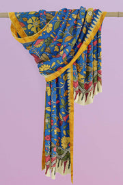 Ponduri  cotton dupatta in hand painted kalamkari in blue