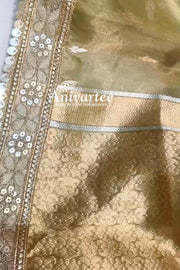 Green silk tissue handloom Banarasi saree with floral motifs and a lace border.