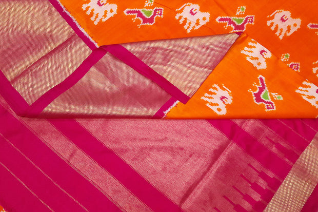 Handwoven Ikat pure silk saree in orange with elephant & bird motifs