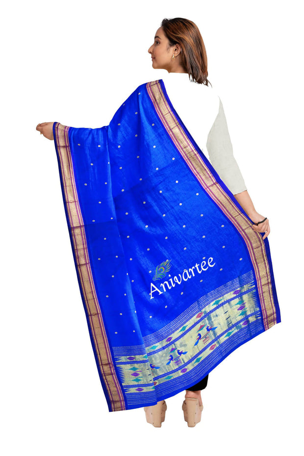 Handloom Paithani pure silk dupatta in blue with peacock motifs in pallu