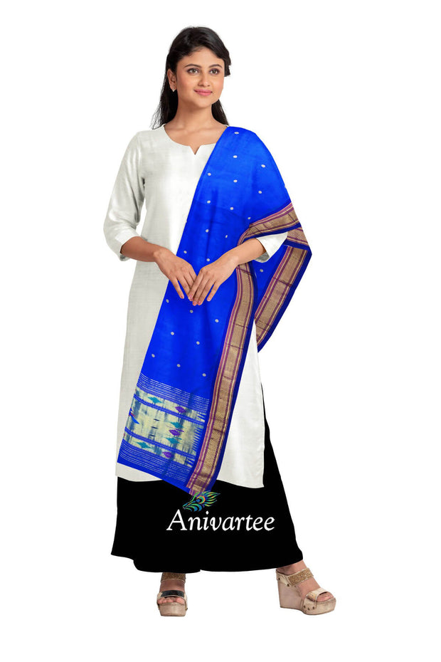 Handloom Paithani pure silk dupatta in blue with peacock motifs in pallu